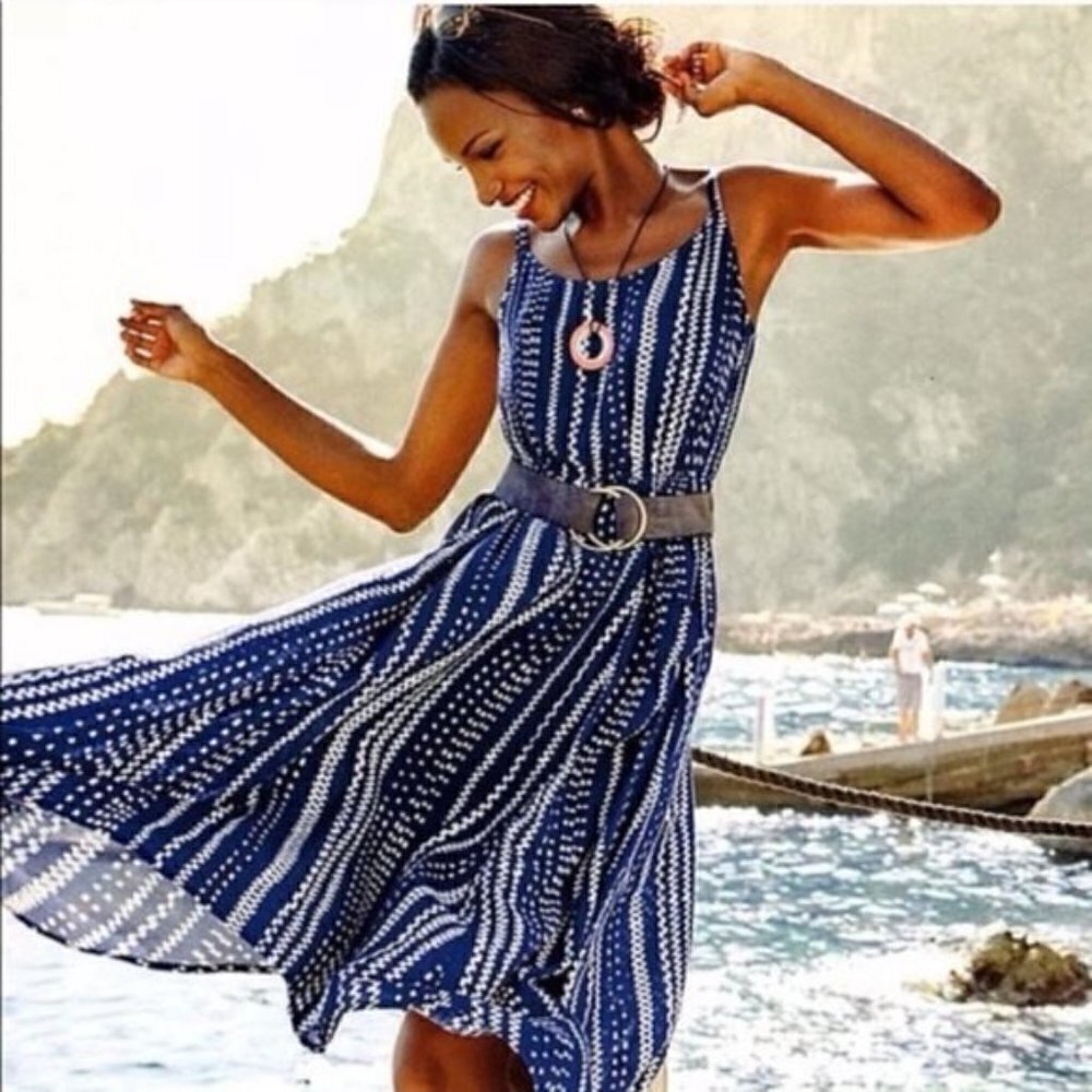 Cabi Blue and White Margherita Asymmetrical Front Pocket Midi Sun Dress #5048 XS